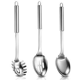 Cooking Spoon Set, 3 PCS Stainless Steel Slotted Spoon, Serving Spoons Large & Pasta Fork Kitchen Cooking Utensils Set for Mixing, Serving, Stiring Large Spoons