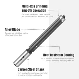 Professional Extended Flush Trim Router Bits Set 1/2 Inch Shank, Extended Trimming Knife, Straight Flush Trim Router Bit for Woodworking, 1/2" Diameter, 3" Blade Length