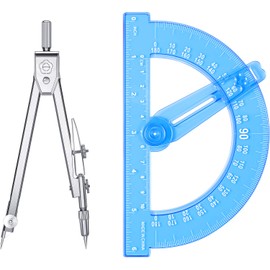 Student Geometry Math Set, Drawing Compass and 6 Inch Blue Swing Arm Protractors 180 Degree Math Protractor (Style 2)