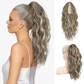 FLUFYMOOZ Ponytail Extension, 18 Inch Claw Clip Ponytail Extension, Wavy Curly Claw Clip in Ponytail Hair Extensions, Natural Ponytail Synthetic Hairpiece for Women (Ash Brown with Blonde Highlights)