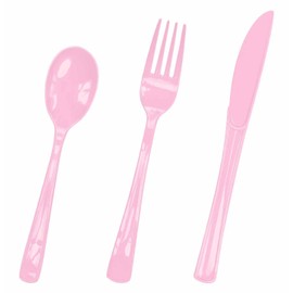 HEIPINIUYE 75 Pack Light Pink Plastic Cutlery Heavy Duty Baby Pink Plastic Knives Forks and Spoons Disposable Silverware Set for 25 Guest Camping Birthday Baby Shower Party Cutlery Set