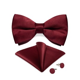 DiBanGu Silk Burgundy Red Satin Pre-Tied Bow Ties and Pocket Square Cufflinks Set Wedding Bowties Set