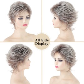 TISHINING Layered Short Blonde Pixie Wigs for White Women Dark Brown Ombre Blonde Pixie Cut Wig with Bangs Synthetic Natural Looking Daily Party Wig