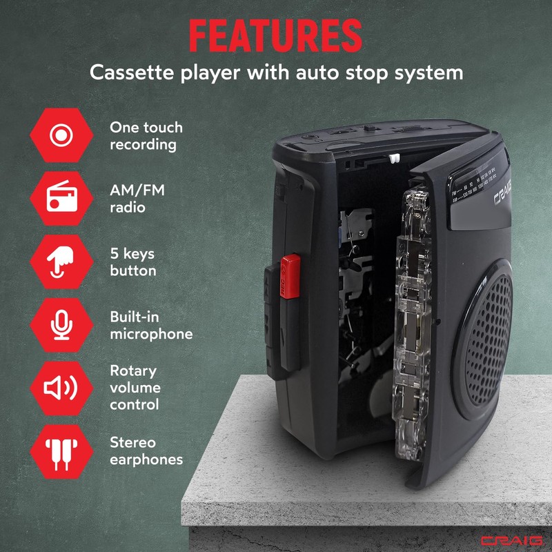 Craig Stereo Cassette Player/Recorder with Earphones: Portable AM/FM Radio &