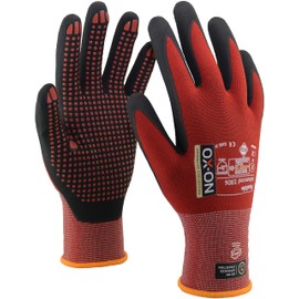 OX-ON Flexible Advanced 1906 Red Work Gloves, Extremely Durable Safety Gloves, Secure & Precise Grip, Protective & Comfortable Nitrile Gloves, Dotted Palm For Extra Grip, Sanitised - 6pairs, Size 9/L
