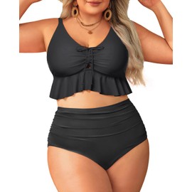 Daci Women Plus Size Two Piece Swimsuits High Waisted Bikini Set Ruffle Flounce Tummy Control Bathing Suits with Bottom, Solid Black, XX-Large