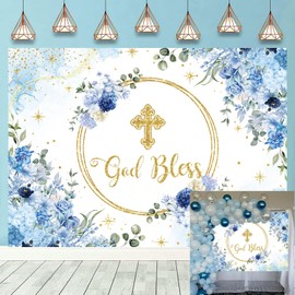 God Bless Backdrop for Boy First Holy Communion Baptism Background Blue Floral Glitter Christening Party Decorations Banner Newborn Baby Shower Photography Banner (7x5FT: 84x60 inch)