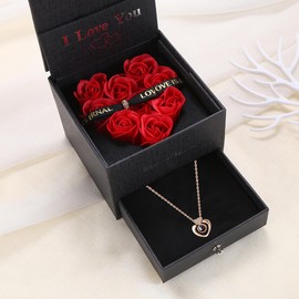 Women's Gift Preserved Pink Flower with Jewelry, Preserved Roses Box, Valentine's Day, Mother's Day, Birthday (Black)