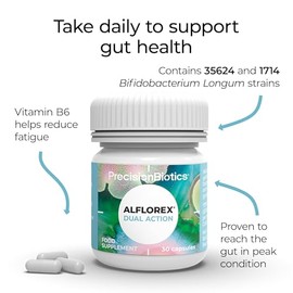 PrecisionBiotics Alflorex Dual Action - Daily Gut Health Probiotics Supplement with Unique Bifidobacterium Longum Bacteria strains 35624 and 1714 + Calcium + Vitamin B6 - Bacterial Cultures - 30 Capsules