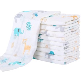 Yoofoss Muslin Burp Cloths for Baby 10 Pack 100% Cotton Baby Washcloths for Boys Girls Large 20''X10'' Super Soft and Absorbent Elephant