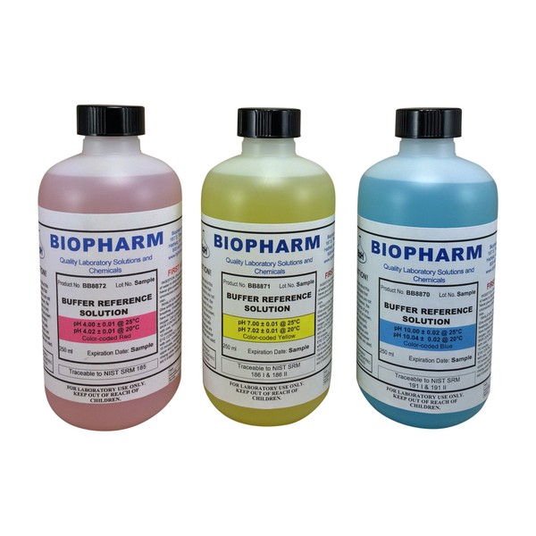 pH Buffer Calibration Solution Kit 3-Pack: pH 4.00, pH 7.00, pH 10.00 Buffers — 250 ml (8.4 fl oz) Each — Color Coded — NIST Traceable for All pH Meters