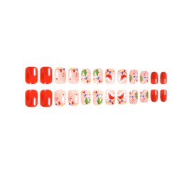 Christmas Press on Nails Short Square Winter Fake Nails Red Full Cover Xmas Hat Elk Tree False Nails with Designs Candy Cane Glossy Glue on Nails Acrylic Nails Artificial Nails for Women Girls 24Pcs
