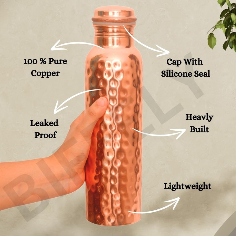 Copper Water Bottle 34OZ - 100% Handcrafted Solid Pure Hammered