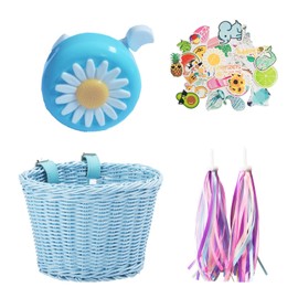 通用 Kid's Bicycle Basket,Colored Tassels Wicker Front Handlebar Bike Basket Handlebar with Streamers Bell and Stickers,Bicycle Decoration for Girls and Boys Blue 8.27 x 6.3 x 6.3 Blue