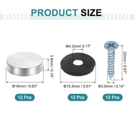 uxcell 12pcs Screw Covers Caps, 16mm Dia Stainless Steel Mirror Screws Decorative Cover Caps Nails Flat Gasket Mirror Screw Fasteners for Sign Advertising Hardware Construction, Silver