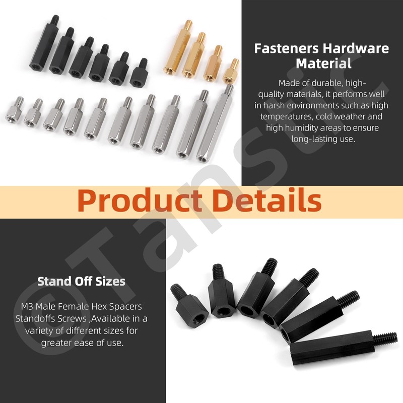 Tanstic 256Pcs M3 Male Female Iron Nickel Plated/Brass/Nylon Hex Spacer