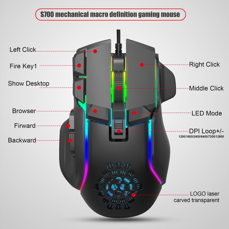 RGB Gaming Mouse 12800 DPI Gaming Mouse Optical Wired with