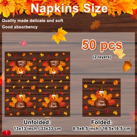 Lecheme Thanksgiving Napkins 50-Count Turkey Maple Leaves Give Thanks Cocktail Napkins for Thanksgiving Dinner Luncheon Table Decorations,6.5x6.5 Inch