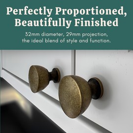 French Furniture Fittings Athena Kitchen Cabinet Knob Set of 6 32mm Round Deep Antique Brass Cupboard & Drawer Handles with Screws Included – Classic, Durable, Stylish Design
