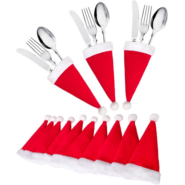 jollylife 20Ct Christmas Santa Hats Silverware Holders - Xmas Party Dinner Table Decorations Supplies