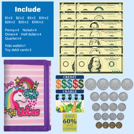DEEKI Play Purse with Pretend Money Coins and Cards(37 pcs), Shopping Toys with Wallet and Fake Bills Coins Cards Coupon for Girls and Boys, Early Develop Wallet for Kids Learn Math -Unicorn Rainbow