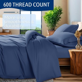 Shilucheng 100% Cotton Queen Size Duvet Covers - 600 Thread Count, Luxury Sateen Weave Egyptian Cotton Comforter Cover with Zipper Closure & Corner Ties，Hotel Bedding Duvet Covers 3 Piece (Navy Blue)