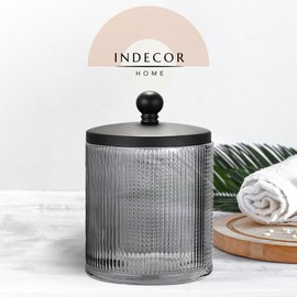 Indecor Home Glass Jar with Metal Lid for Bathroom Organization, Clear Apothecary Jar for Cotton Balls, Q Tips, and Small Accessories, Stylish Bathroom Storage Container Grey, Black