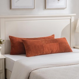 Fancy Homi Set of 2 Burnt Orange Boho Long Lumbar Body Decorative Throw Pillow Cover 14x36 Inch for Bed Couch Bedroom Bench, Soft Patchwork Corduroy Textured Pillow Case, Rustic Farmhouse Room Décor