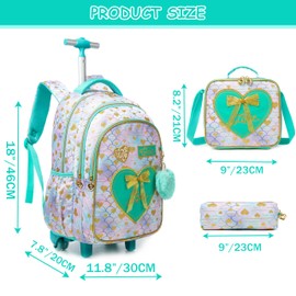 Oruiji Rolling Backpack for Girls Backpack with Wheels Cute Wheeled School Backpack for Girls with Lunch Box Set Kids Suitcase for Girls Elementary Primary School 8-12 Back to School Supplies