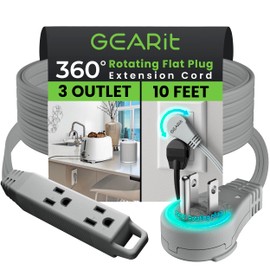 GEARit 360 Rotating Flat Plug Extension Cord with 3 Outlets (10ft, Gray) 16AWG/13A 3 Prong Wire, Outlet Saver for Home Office Dorm Room Essentials, ETL Certified