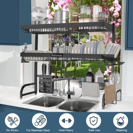 Babosas Over The Sink Dish Drying Rack,3 Tier Adjustable Length (25.5'' to 37.4'') Full Stainless Steel Large Storage Kitchen Dish Rack,For Kitchen Counter,Expandable Multifunctional Organizers,Black