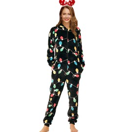 Spadehill Christmas Women Holiday Cute Onesie One Piece Fleece Novelty Adult Pajamas Christmas Lights XXL