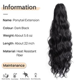 Ponytail Extension,StrRid Black Hair Extensions Ponytail Claw 22"Wavy Fake Hair Curly Synthetic Ponytail Wig Clip Daily Fluffy Pony Tail Hair Piece for Women Brown Blonde 6 oz-Dark Black