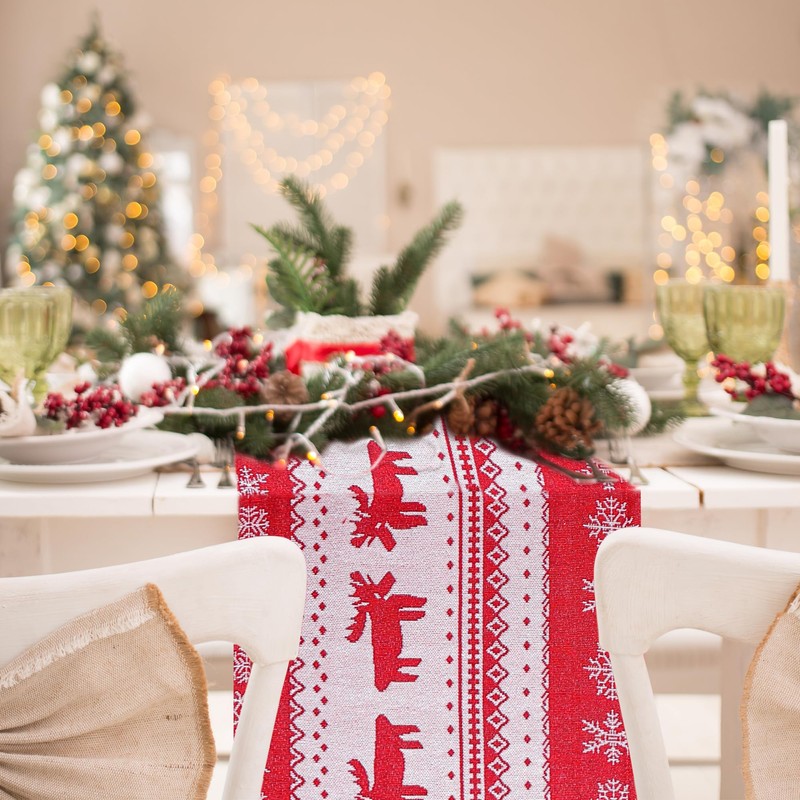 Christmas Table Runner, 35*180cm Red Table Runner with Snowflake &