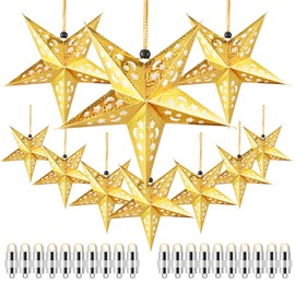 10 Pcs Christmas Paper Star Lantern Lampshade 3D Paper Star Hanging Decoration Star Light Paper Lanterns with 20 LED Party Light for Xmas Independence Day Party Home Decor (Gold)
