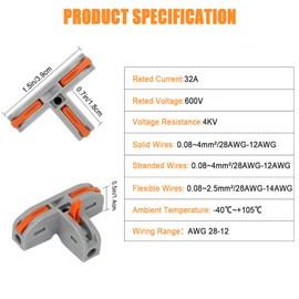 EEEKit Pack of 30 Compact Wire Conductor Connectors, T-Connectors, Lever Nut Wire Connectors, Electrical Feed-Through Connectors, 3 Pin for AWG 28-12 Solid Stranded Wire