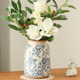 Ronasip Vintage Blue and White Chinoiserie Ceramic Vase, 6.9” Hand-Painted Peony Floral Design, Antique Style Home Decor