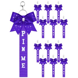 Landical 12 Pcs Cheer Pin Me Ribbon Cheer Keychain Cheer Ribbon Pins with Rhinestones Bow for Cheerleader Bag Backpack (Purple)