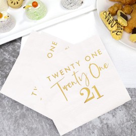 IETOSY 40pcs White and Gold 21st Birthday Cocktail Napkins,21st Birthday Decorations for Her Him 21st Disposable Beverage Napkins 21st Birthday Party Supplies, 10x10 inch