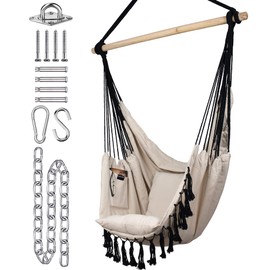 KOMOREBI Hammock Chair - Ivory Black - 60" x 47" - Hanging Rope Swing for Indoor & Outdoor - Soft & Durable Cotton Canvas - 2 Cushions Included - Large Macrame Hanging Chair for Bedroom, Patio, Porch