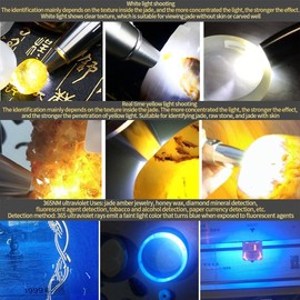 YZYOE Rechargeable Three LEDs Expert Jade Appraisal Flashlight,Jewelry Appraisal Gemstones Diamond, White and Yellow Light and 365NM Ultraviolet Lamp.