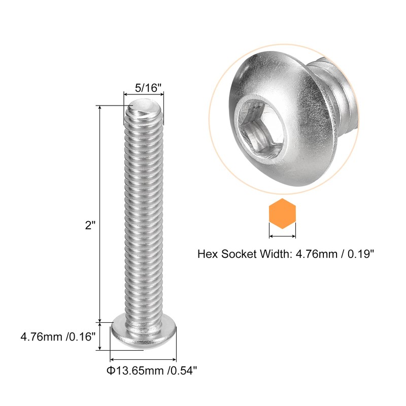 QUARKZMAN 5/16-18 x 2 Inch Rounded Head Screws Hexagon Socket