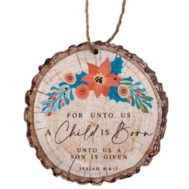 for Unto Us a Child is Born Decorative Hanging Ornament, Faux Wood Slice Decoration for Tree, Christian Religious Gifts and Stocking Stuffers, 3.5 Inches