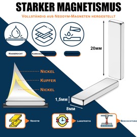 Delaga Pack of 40 Magnets Strong, 20 x 8 x 1.5 mm Neodymium Magnets Extra Strong, Magnets for Magnetic Board, Magnetic Rectangular Magnets for Fridge, Whiteboard Magnetic Panels, Office