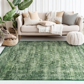Washable Living Room Rug 5x7 Clearance Dark Non Slip Low Pile Retro Vintage Floor Accent Carpet for Bedroom Indoor Playroom Distressed Print Rugs Lightweight(Dark Green,5x7Ft)
