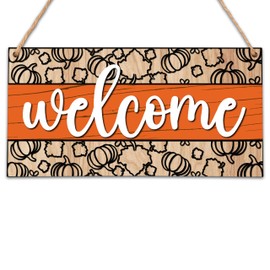 ONDTOM Autumn Wooden Sign Decor with Rope, Pumpkin Fall Welcome Sign Hanging Plaque for Front Door, Thanksgiving Party Home Room Kitchen Decorations -FALLMUBANA09