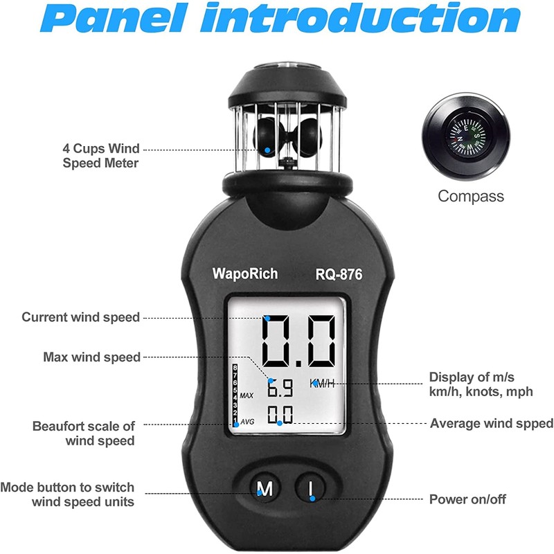 WapoRich Mini Wind Gauge, 360° Cup Anemometer Handheld Wind Gauge