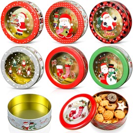 Tioncy 6 Pcs Christmas Cookie Tins with Lid Large Cookie Jars Metal Empty Tins Santa Snowman Tinplate Xmas Gift Box with Window for Christmas Holiday Party Treats Storage Container Gift Giving