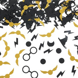 Grevosea 200 Pcs Wizard Table Confetti, Glitter Birthday Confetti Paper Gold & Black Witch Hat Wings Glasses Pattern Scatter Party Decoration for Baby Shower Birthday Themed Party Supplies