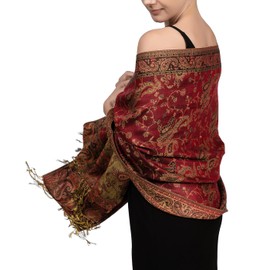 Achillea Soft Silky Reversible Paisley Pashmina Shawl Wrap Scarf w/Fringes (Burgundy)
